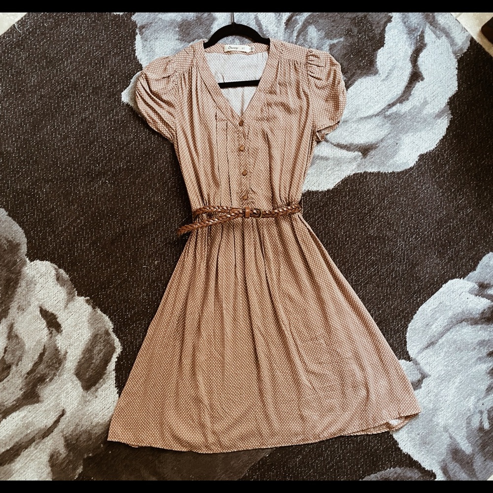 ModCloth retro 1940s style taupe belted midi dress
